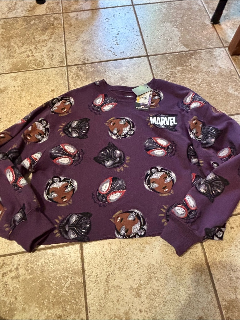 Marvel Purple All-Over Black Panther & Storm Face Crewneck Sweater